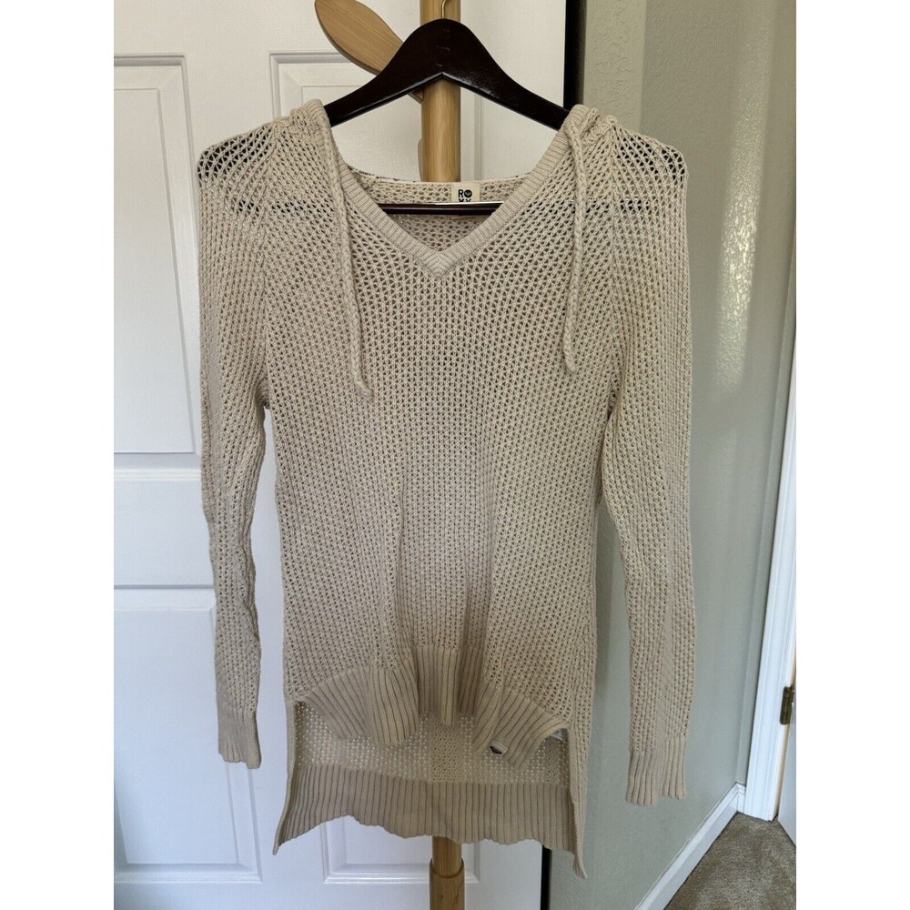 Roxy Womens Open Knit Crochet Pullover Hooded Sweater Size XL Beige